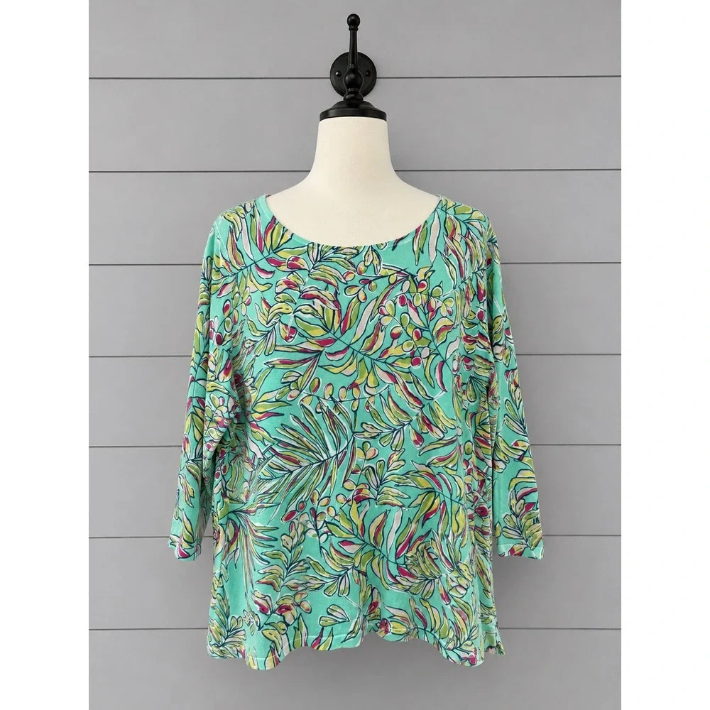 Talbots Knit Cotton Sweater Top Size 2X Aqua Tropical Leaf Print 3/4 Sleeve